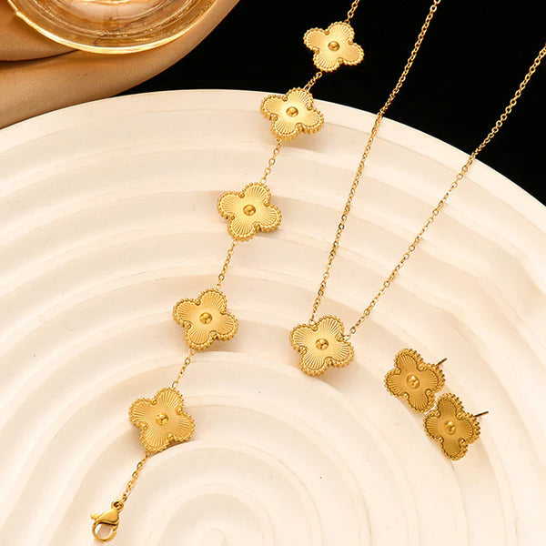 Stainless Steel 18k Gold-Plated Clover Jewelry Set | Anti-Tarnish, Waterproof, Hypoallergenic | Necklace & Earrings for Girls and Women