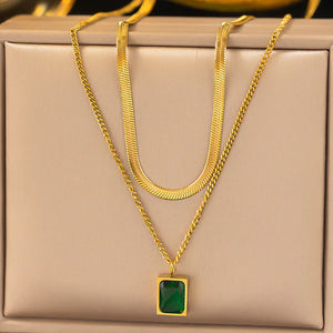 18k Gold-Plated Green Emerald Geometric Layered Necklace | Anti-Tarnish, Waterproof, Hypoallergenic Stainless Steel
