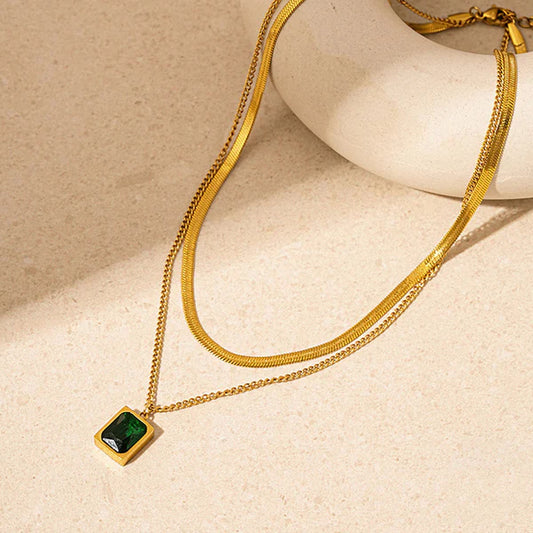 18k Gold-Plated Green Emerald Geometric Layered Necklace | Anti-Tarnish, Waterproof, Hypoallergenic Stainless Steel