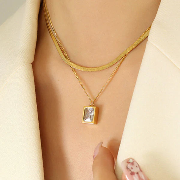 18k Gold-Plated White Emerald Geometric Layered Necklace | Anti-Tarnish, Waterproof, Hypoallergenic Stainless Steel