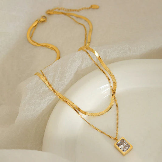 18k Gold-Plated White Emerald Geometric Layered Necklace | Anti-Tarnish, Waterproof, Hypoallergenic Stainless Steel