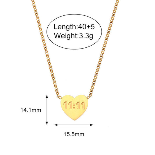 18k Gold-Plated Heart-Shaped 11:11 Angel Pendant | Make a Wish Necklace | Anti-Tarnish, Waterproof Stainless Steel