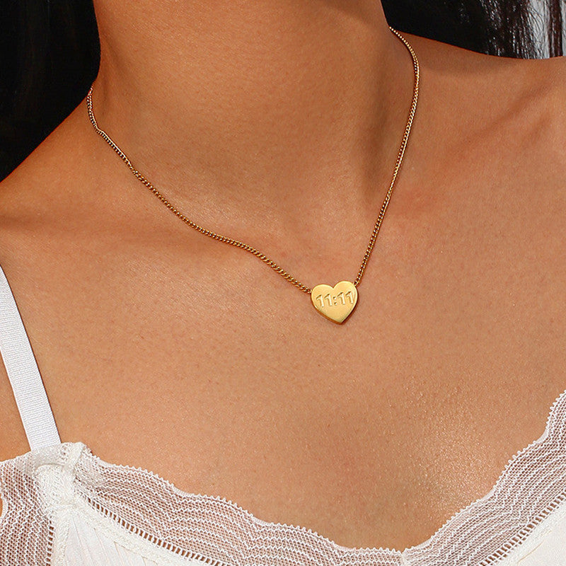 18k Gold-Plated Heart-Shaped 11:11 Angel Pendant | Make a Wish Necklace | Anti-Tarnish, Waterproof Stainless Steel