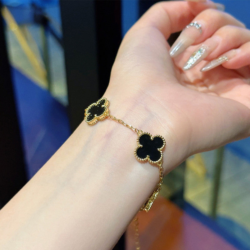 18k Gold-Plated Black Clover Bracelet | Anti-Tarnish, Hypoallergenic, Waterproof Stainless Steel | Elegant Jewelry for Girls & Women