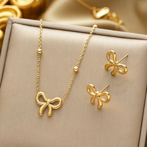 18k Gold-Plated Bow Jewelry Set | Bow Stud Earrings & Bow Pendant Necklace with Beaded Chain | Anti-Tarnish, Waterproof Stainless Steel
