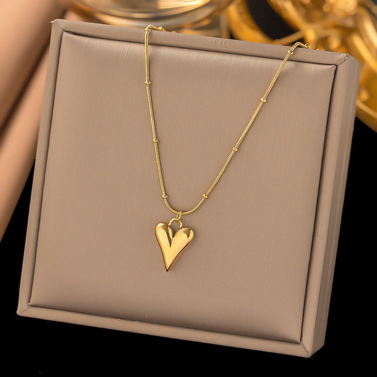 18k Gold-Plated Heart Jewelry Set | Hoop Drop Heart Earrings & Pointed Heart Pendant Necklace with Beaded Chain | Anti-Tarnish, Waterproof