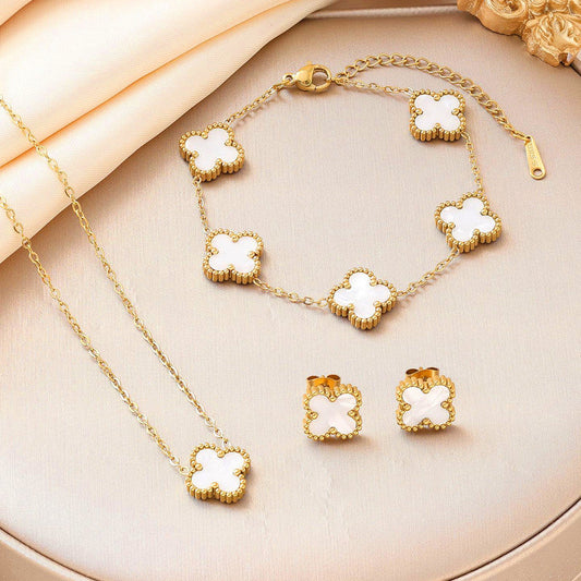 18k Gold-Plated White Clover Jewelry Set | Stainless Steel, Anti-Tarnish, Waterproof Necklace & Earrings for Girls & Women