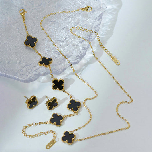 18k Gold-Plated Black Clover Jewelry Set | Stainless Steel , Anti-Tarnish, Waterproof Necklace & Earrings for Girls & Women