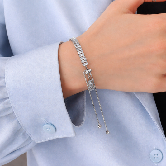 White Matrix Rectangular Cut Tennis Bracelet| Silver-Plated Anti-Tarnish Cubic Zirconia | Elegant Statement Jewelry