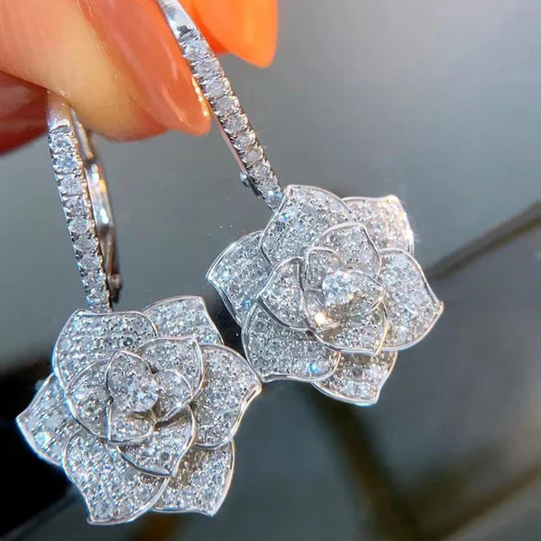 Rose Bloom Silver Plated American Diamond Drop Earrings| Anti-Tarnish| Water Proof