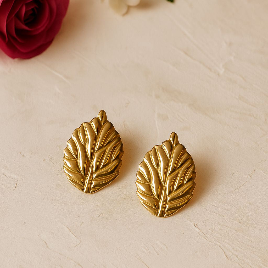 18k Gold-Plated Leaf Pattern Earrings | Anti-Tarnish, Waterproof, Hypoallergenic Stainless Steel Jewelry for Women
