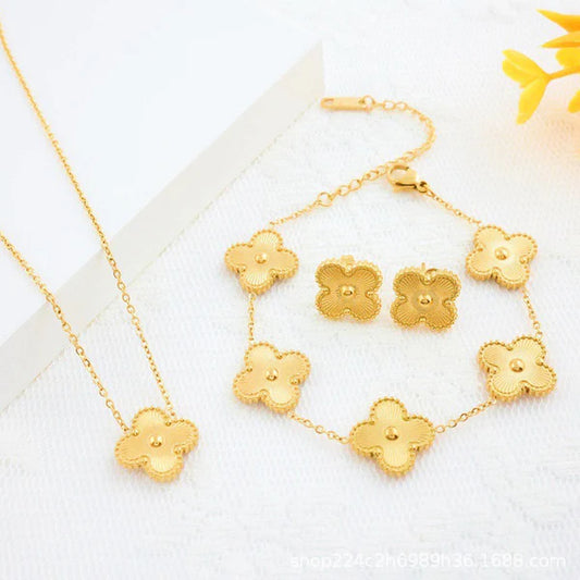 Stainless Steel 18k Gold-Plated Clover Jewelry Set | Anti-Tarnish, Waterproof, Hypoallergenic | Necklace & Earrings for Girls and Women