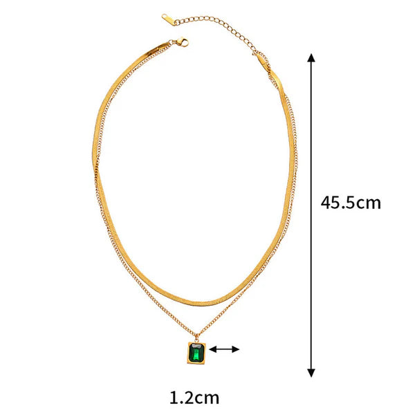 18k Gold-Plated Green Emerald Geometric Layered Necklace | Anti-Tarnish, Waterproof, Hypoallergenic Stainless Steel