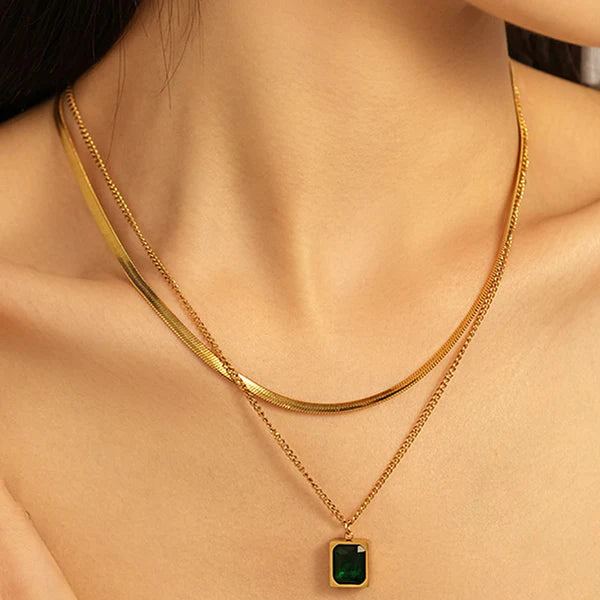 18k Gold-Plated Green Emerald Geometric Layered Necklace | Anti-Tarnish, Waterproof, Hypoallergenic Stainless Steel