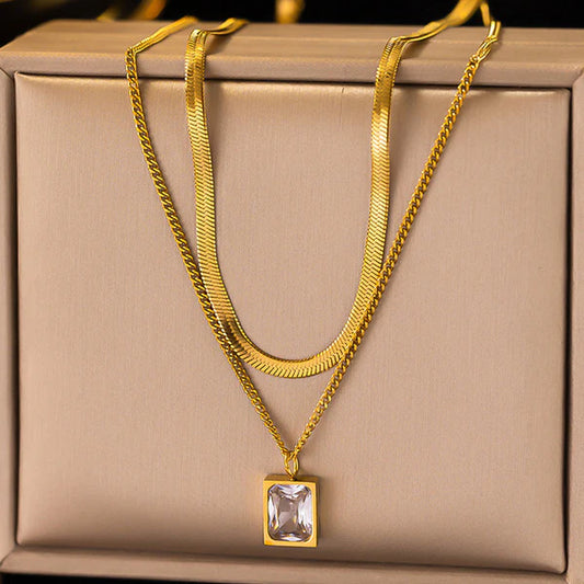 18k Gold-Plated White Emerald Geometric Layered Necklace | Anti-Tarnish, Waterproof, Hypoallergenic Stainless Steel