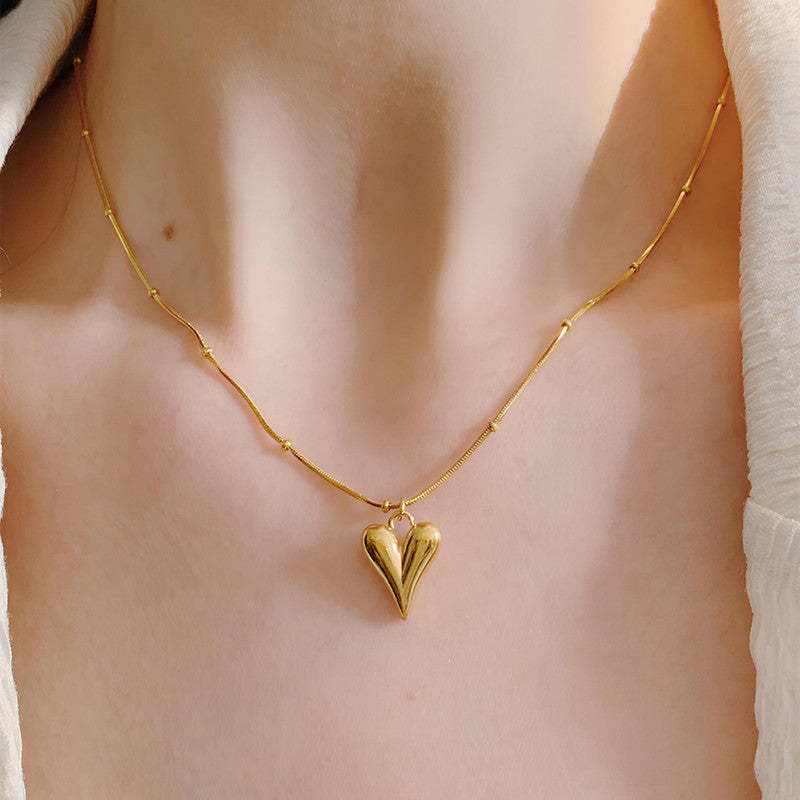 Heart Necklace With Beaded Chain - 18k Gold Plated Stainless Steel| Anti-Tarnish | Water-proof