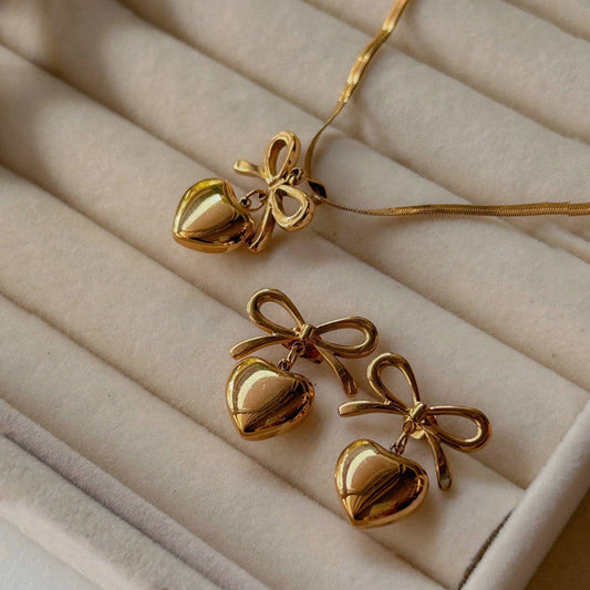 18k Gold Plated Bow-Heart Themed Jewellery Set - Anti-Tarnish| Hypoallergenic | Stainless Steel | Waterproof