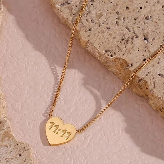 18k Gold-Plated Heart-Shaped 11:11 Angel Pendant | Make a Wish Necklace | Anti-Tarnish, Waterproof Stainless Steel