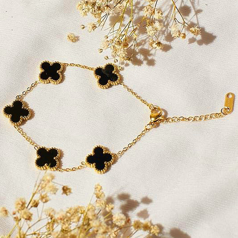 18k Gold-Plated Black Clover Bracelet | Anti-Tarnish, Hypoallergenic, Waterproof Stainless Steel | Elegant Jewelry for Girls & Women
