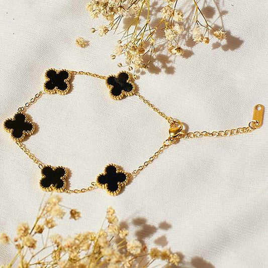 18k Gold-Plated Black Clover Bracelet | Anti-Tarnish, Hypoallergenic, Waterproof Stainless Steel | Elegant Jewelry for Girls & Women