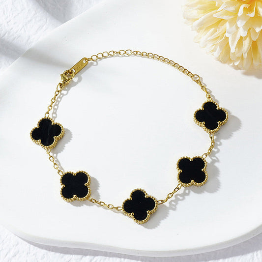 18k Gold-Plated Black Clover Bracelet | Anti-Tarnish, Hypoallergenic, Waterproof Stainless Steel | Elegant Jewelry for Girls & Women