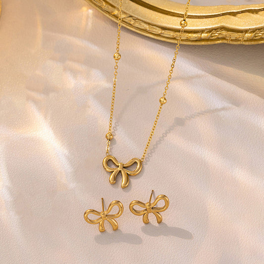 18k Gold-Plated Bow Jewelry Set | Bow Stud Earrings & Bow Pendant Necklace with Beaded Chain | Anti-Tarnish, Waterproof Stainless Steel