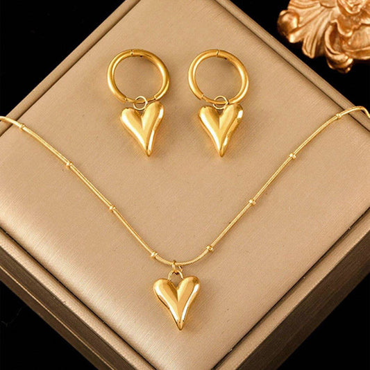 18k Gold-Plated Heart Jewelry Set | Hoop Drop Heart Earrings & Pointed Heart Pendant Necklace with Beaded Chain | Anti-Tarnish, Waterproof