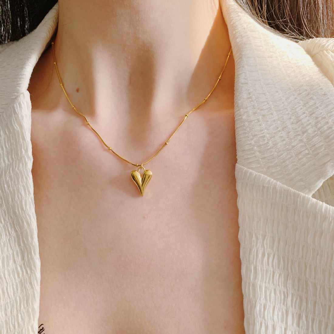 18k Gold-Plated Heart Jewelry Set | Hoop Drop Heart Earrings & Pointed Heart Pendant Necklace with Beaded Chain | Anti-Tarnish, Waterproof