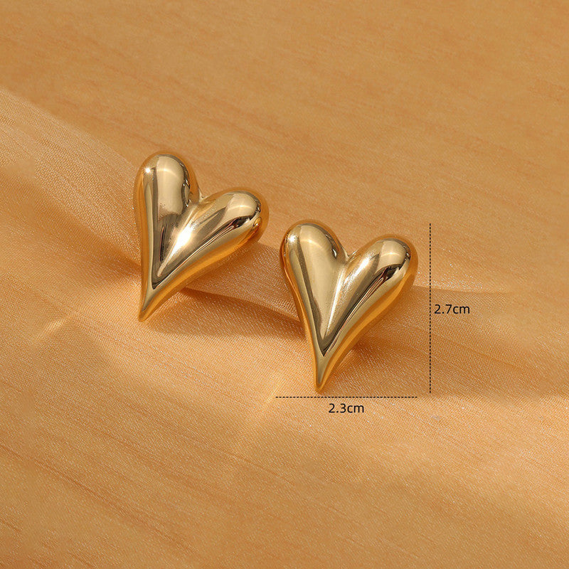 18k Gold-Plated Heart-Shaped Stud Earrings | 2.7cm x 2.3cm | Anti-Tarnish, Waterproof, Hypoallergenic Stainless Steel