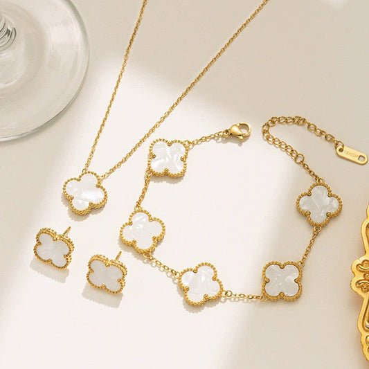 18k Gold-Plated White Clover Jewelry Set | Stainless Steel, Anti-Tarnish, Waterproof Necklace & Earrings for Girls & Women
