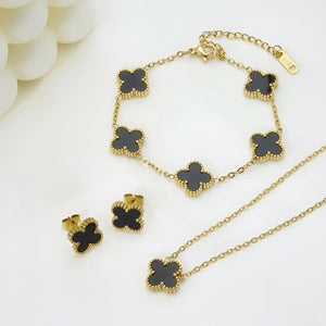 18k Gold-Plated Black Clover Jewelry Set | Stainless Steel , Anti-Tarnish, Waterproof Necklace & Earrings for Girls & Women