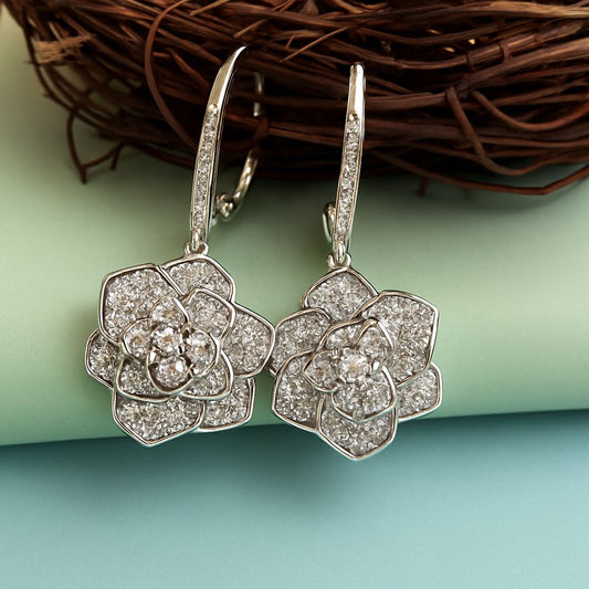 Rose Bloom Silver Plated American Diamond Drop Earrings| Anti-Tarnish| Water Proof