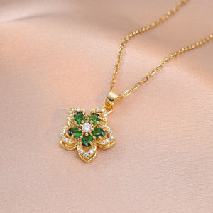 18k Gold-Plated Emerald Bauhinia Rotating Pendant Necklace | Anti-Tarnish, Waterproof & Hypoallergenic