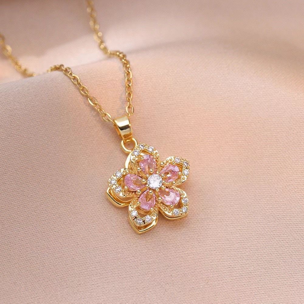 18k Gold-Plated Pink Bauhinia Rotating Pendant Necklace | Anti-Tarnish, Waterproof & Hypoallergenic