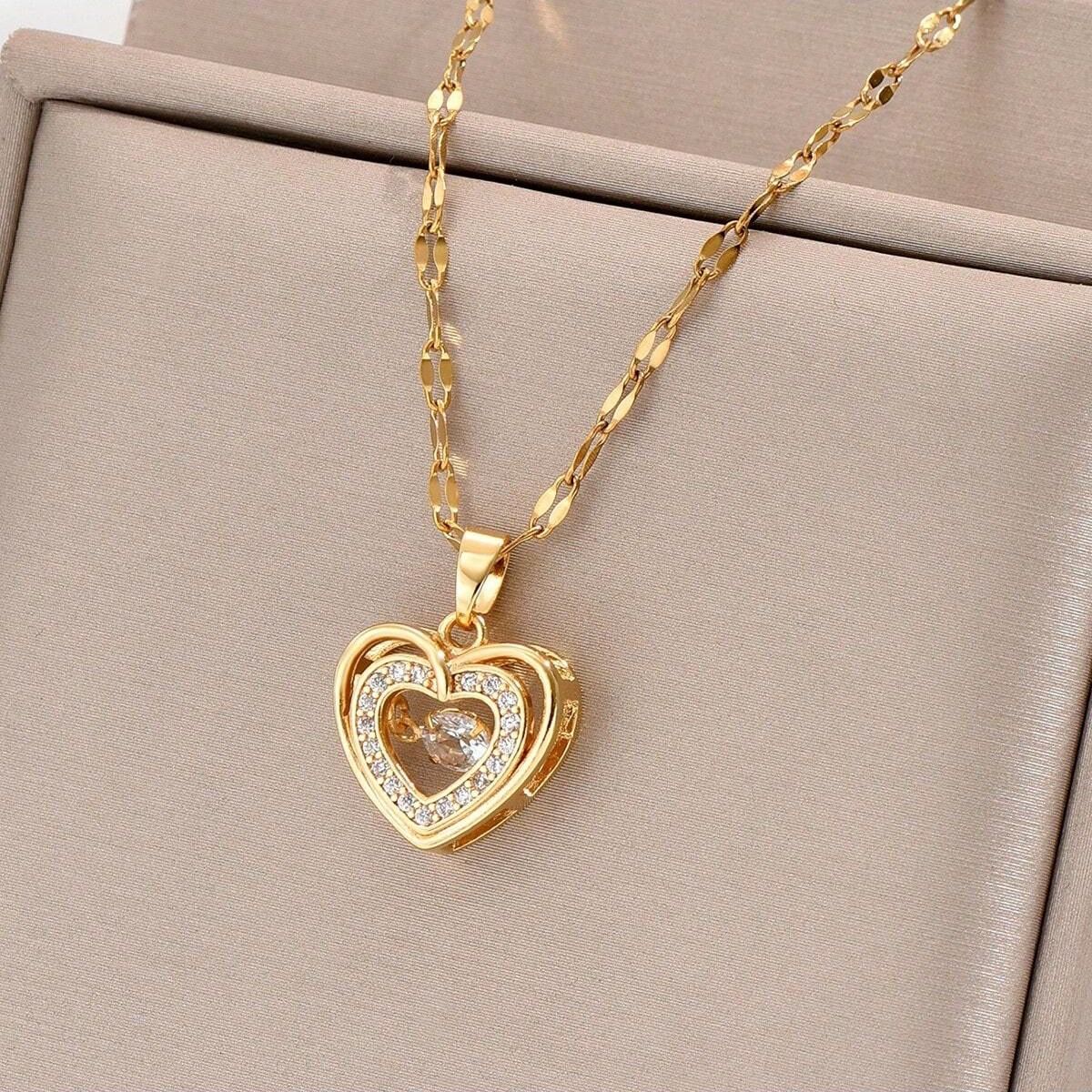 18K Gold-Plated Heart Pendant Necklace with Coffee Bean Chain | Waterproof & Anti-Tarnish Stainless Steel