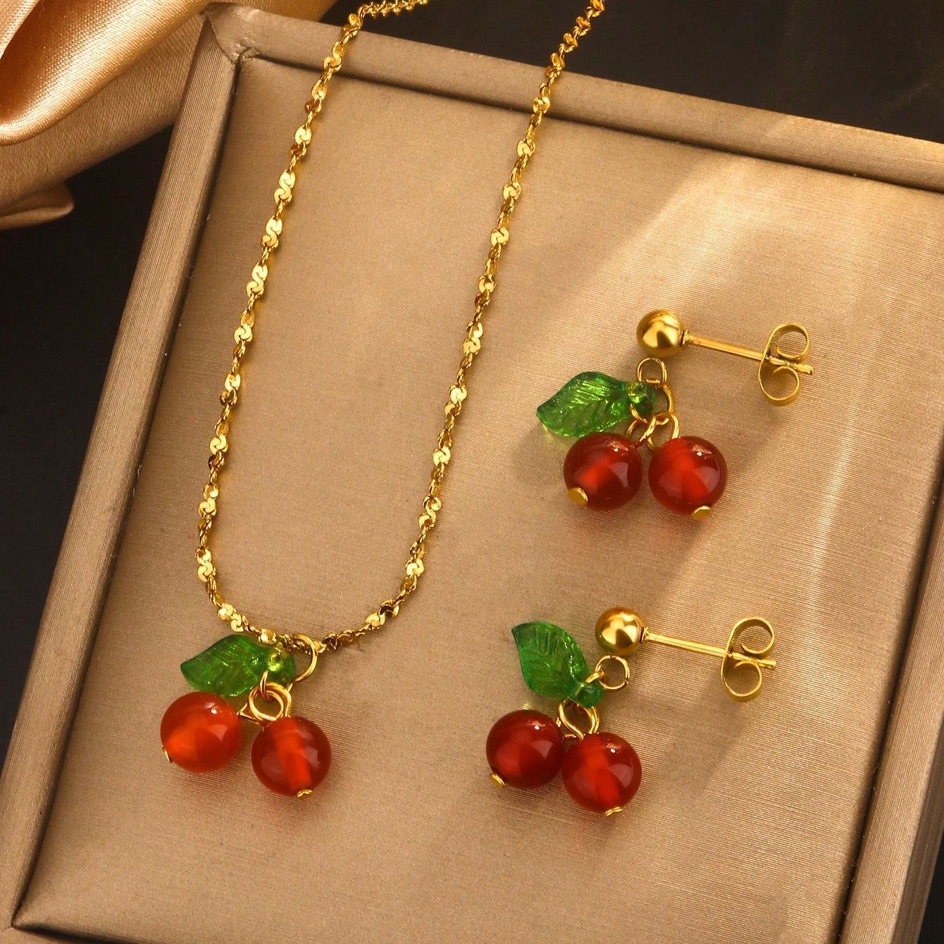 18k Gold-Plated Cherry Fruit Jewelry Set | Necklace & Earrings | Anti-Tarnish, Waterproof & Hypoallergenic