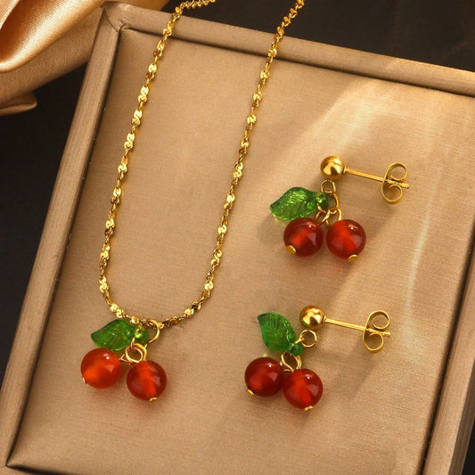 18k Gold-Plated Cherry Fruit Jewelry Set | Necklace & Earrings | Anti-Tarnish, Waterproof & Hypoallergenic