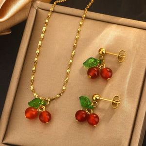 18k Gold-Plated Cherry Fruit Jewelry Set | Necklace & Earrings | Anti-Tarnish, Waterproof & Hypoallergenic