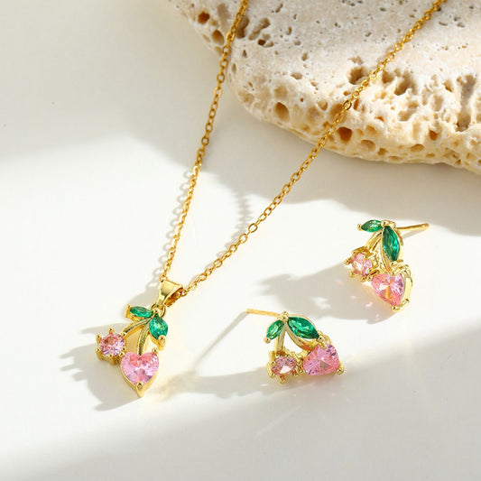 18k Gold-Plated Cherry Zircon Jewelry Set | Necklace & Stud Earrings | Anti-Tarnish, Waterproof & Hypoallergenic