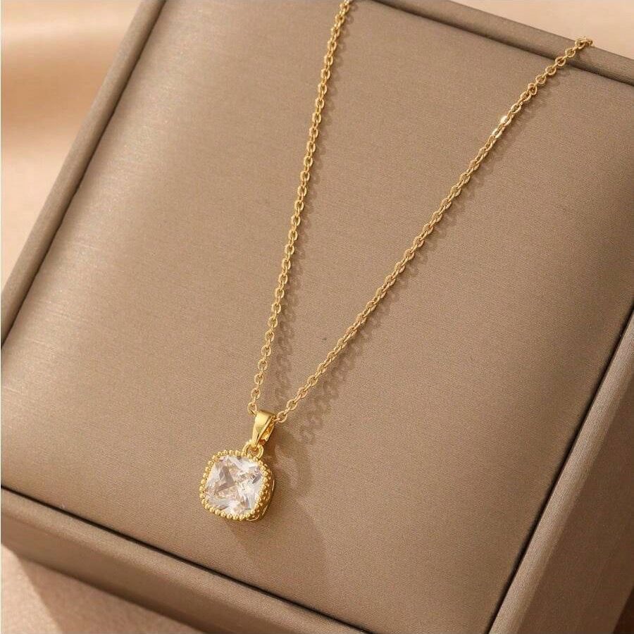 18K Gold-Plated Square Cubic Zirconium Pendant Necklace | Waterproof & Anti-Tarnish 316 Stainless Steel