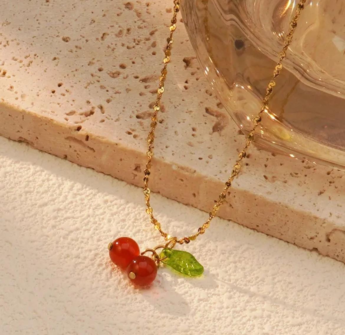 18k Gold-Plated Cherry Fruit Jewelry Set | Necklace & Earrings | Anti-Tarnish, Waterproof & Hypoallergenic