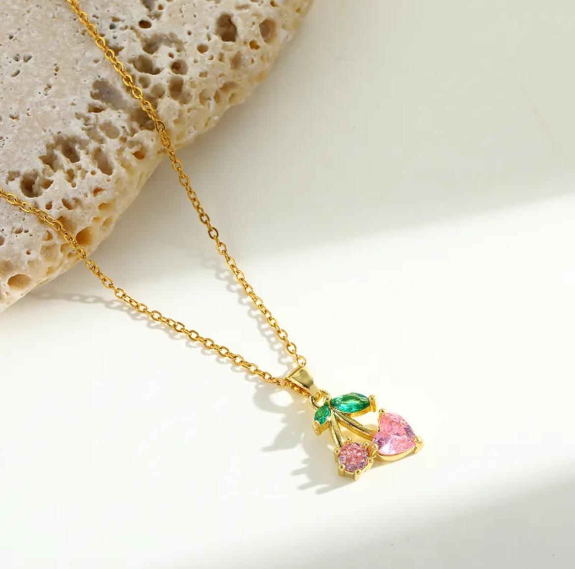 18k Gold-Plated Cherry Zircon Jewelry Set | Necklace & Stud Earrings | Anti-Tarnish, Waterproof & Hypoallergenic