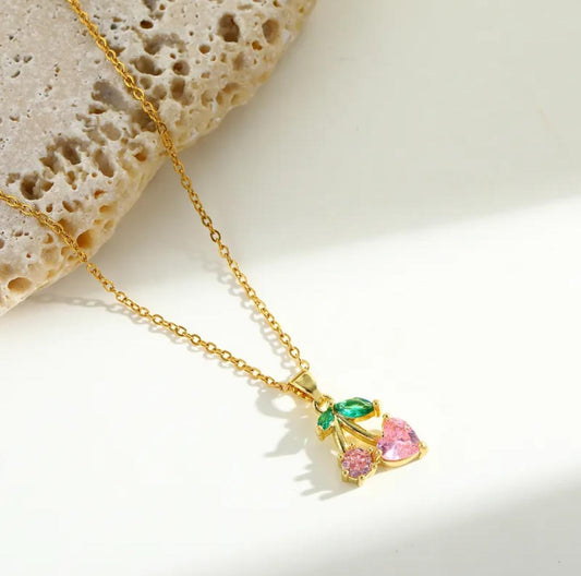 18k Gold-Plated Cherry Zircon Jewelry Set | Necklace & Stud Earrings | Anti-Tarnish, Waterproof & Hypoallergenic